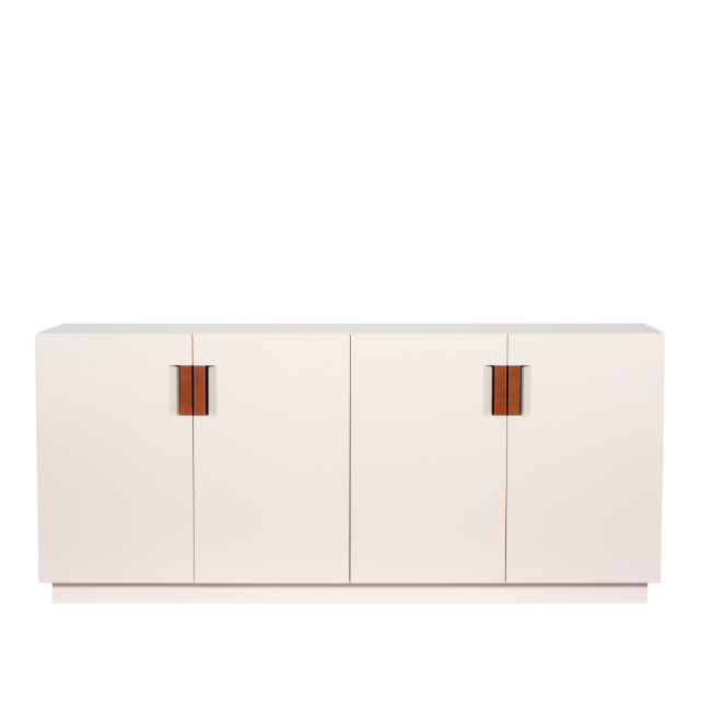 Designed by Anya Sebton and Eva Lilja Löwenhielm 2014. Storage unit with 2 folding doors and handles in leather with 2 compartments and 2 lacquered shelves.