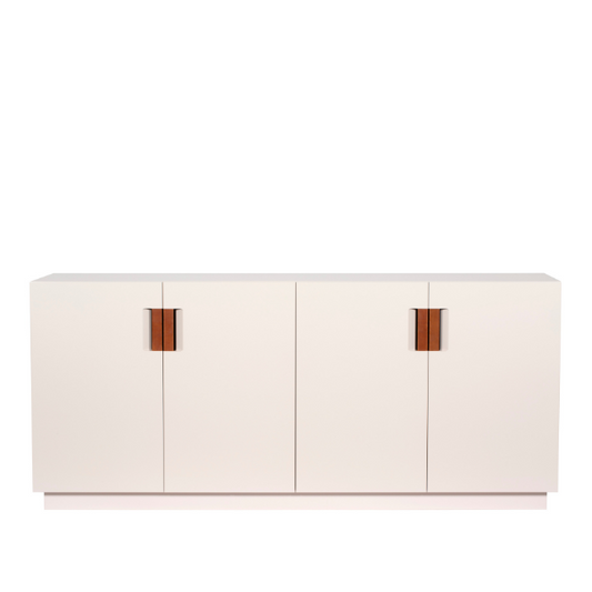 Designed by Anya Sebton and Eva Lilja Löwenhielm 2014.  Storage unit with 2 folding doors and handles in leather with 2 compartments and 2 lacquered shelves.
