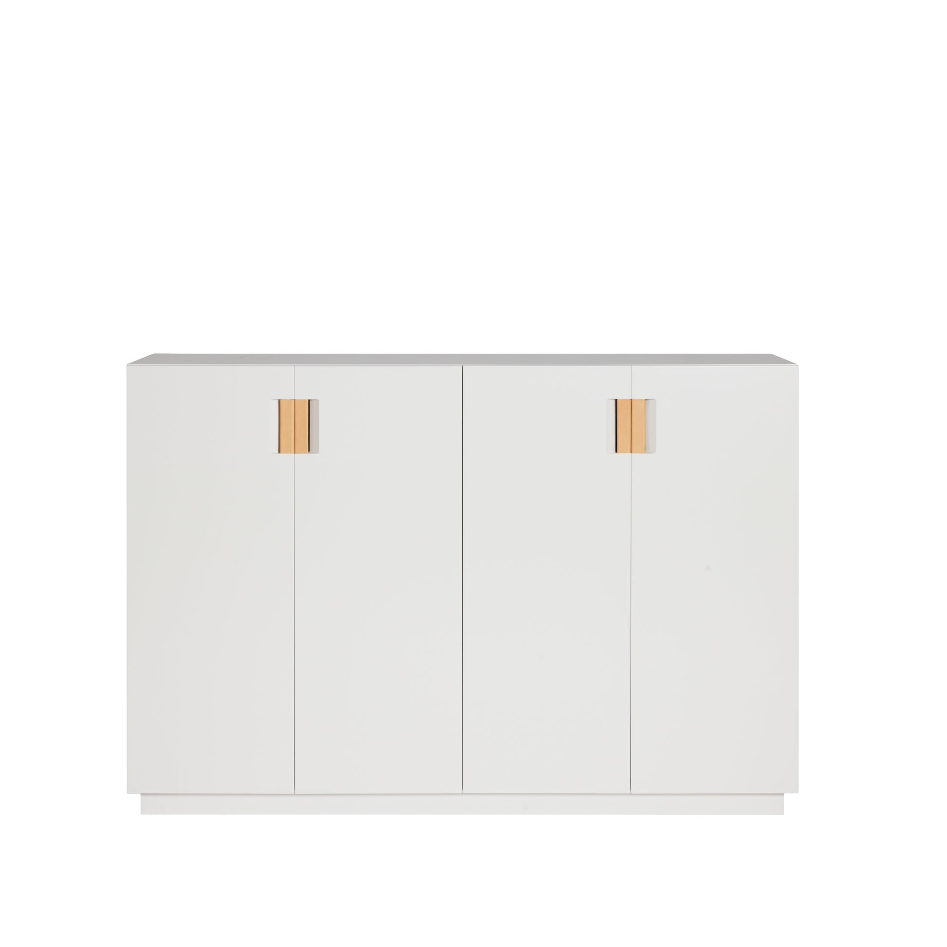 Designed by Anya Sebton and Eva Lilja Löwenhielm 2014.  Storage unit with 2 folding doors and handles in leather with 2 compartments and 2 lacquered shelves.