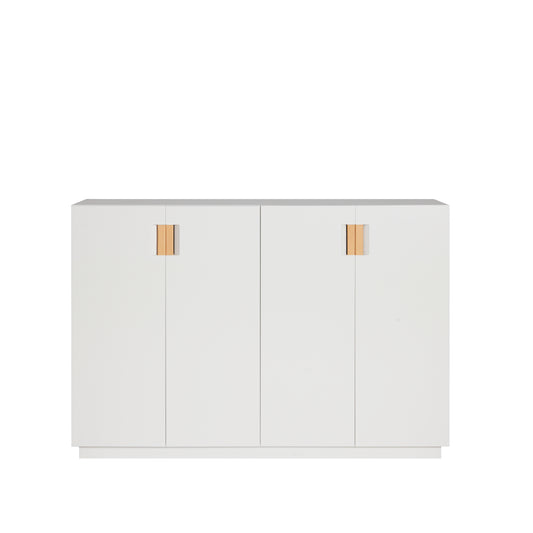 Designed by Anya Sebton and Eva Lilja Löwenhielm 2014.  Storage unit with 2 folding doors and handles in leather with 2 compartments and 2 lacquered shelves.