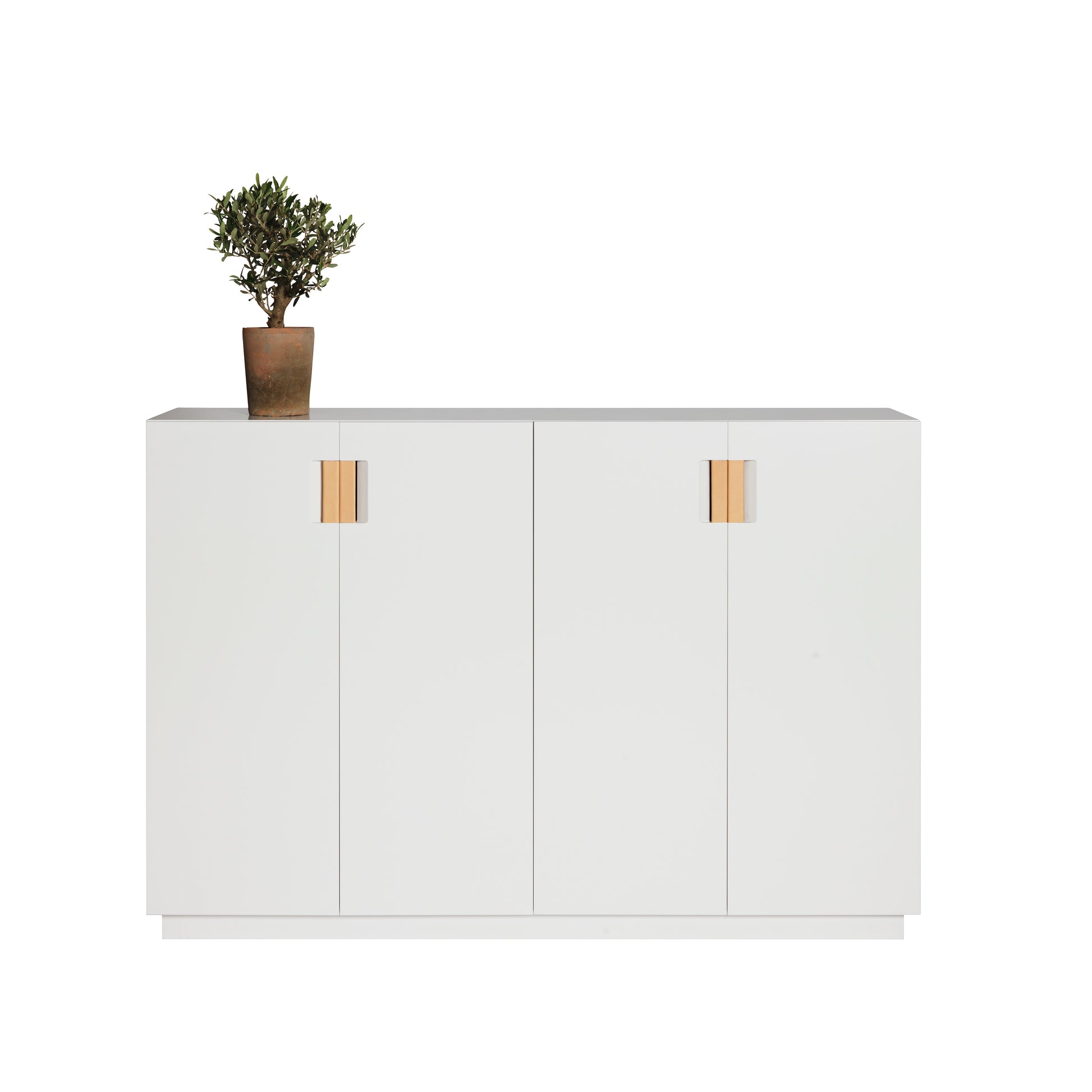 Designed by Anya Sebton and Eva Lilja Löwenhielm 2014.  Storage unit with 2 folding doors and handles in leather with 2 compartments and 2 lacquered shelves.