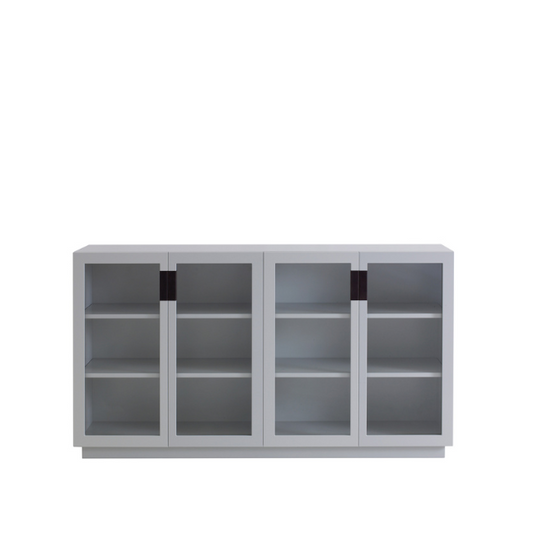 Designed by Anya Sebton and Eva Lilja Löwenhielm 2014.  Storage unit with 2 sliding doors and handles in leather with 2 compartments and 4 lacquered adjustable shelves.