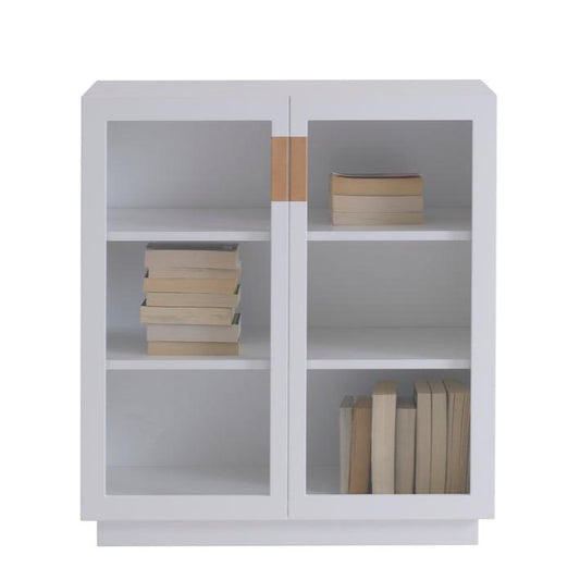 Designed by Anya Sebton and Eva Lilja Löwenhielm 2014.  Storage unit with 1 sliding door in glass. Including two lacquered adjustable shelves. Cabinet with glass doors has no holes at the back.