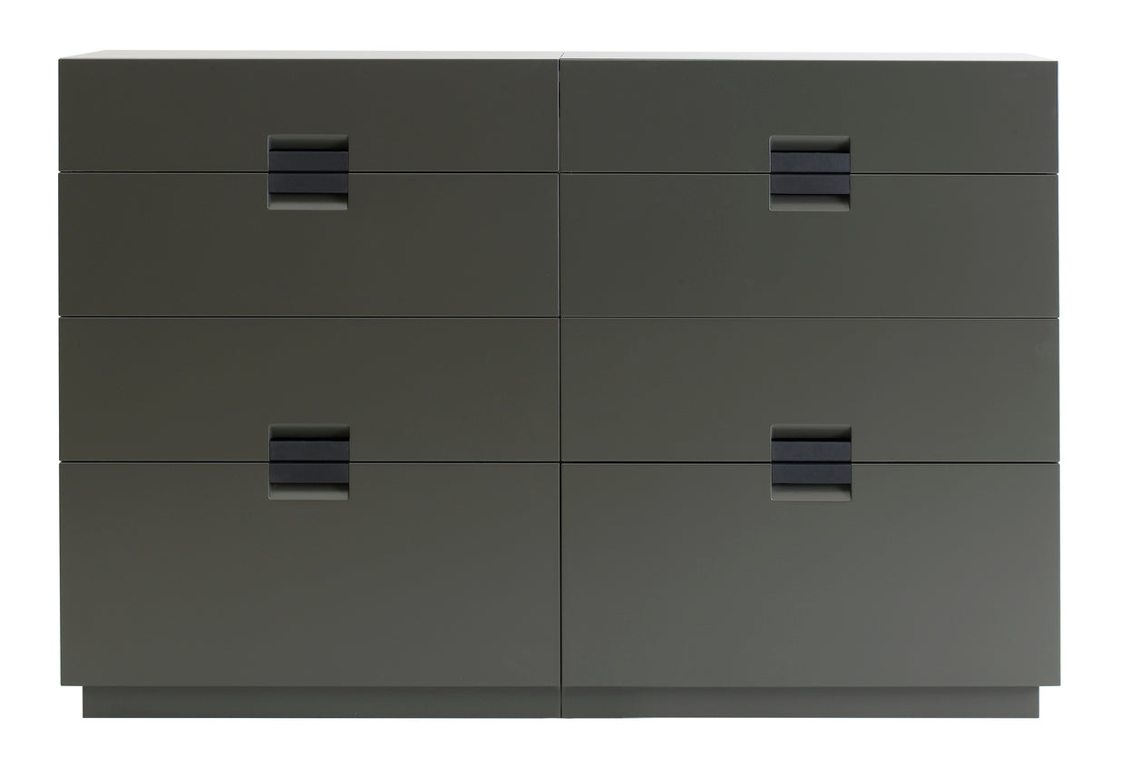 Designed by Anya Sebton and Eva Lilja Löwenhielm 2014. Storage unit with 4 drawers and handles in leather. 1 medium, 2 large and 1 XL drawer. 