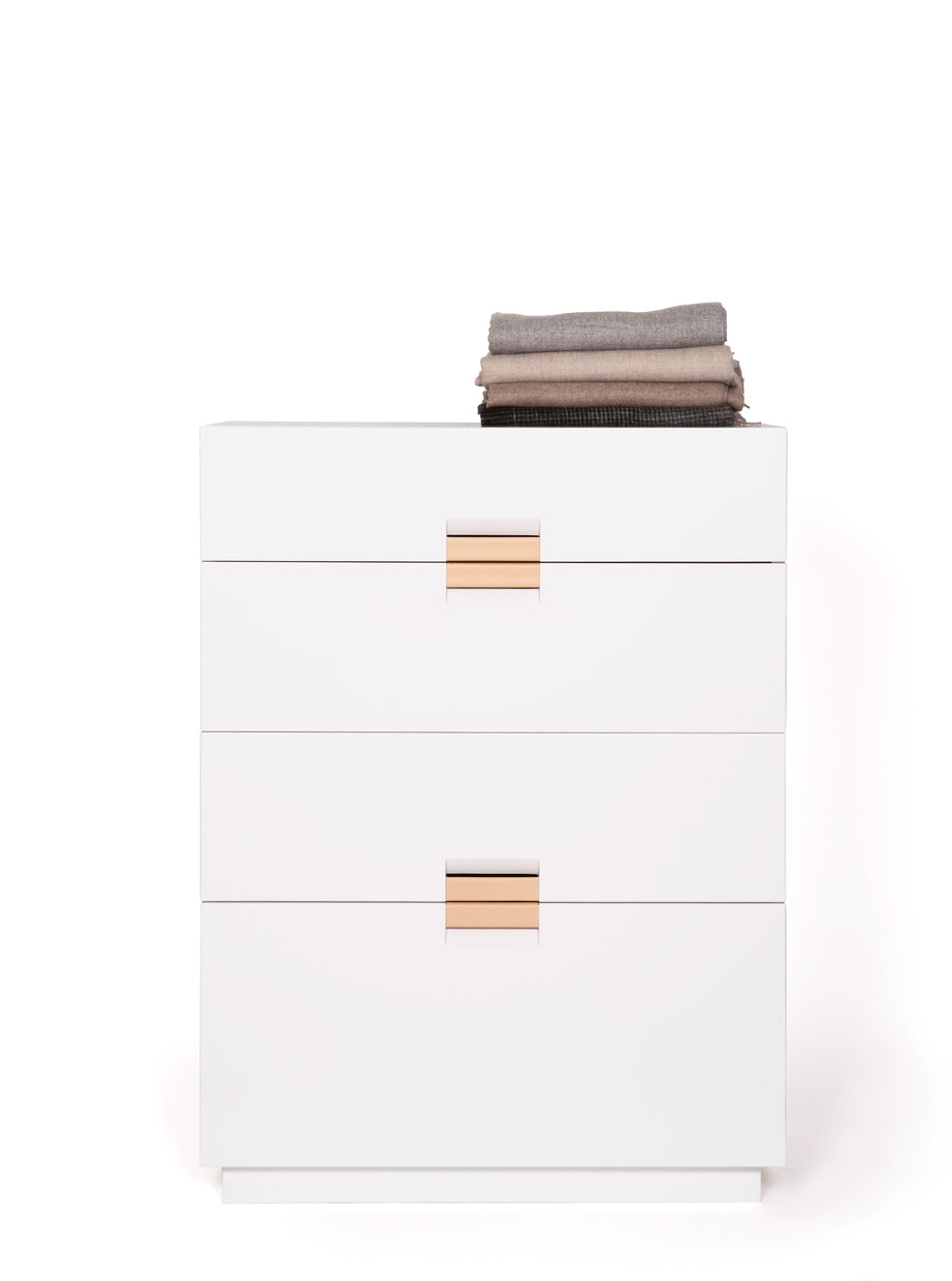 Designed by Anya Sebton and Eva Lilja Löwenhielm 2014.  Storage unit with 4 drawers and handles in leather. 1 medium, 2 large and 1 XL drawer.  