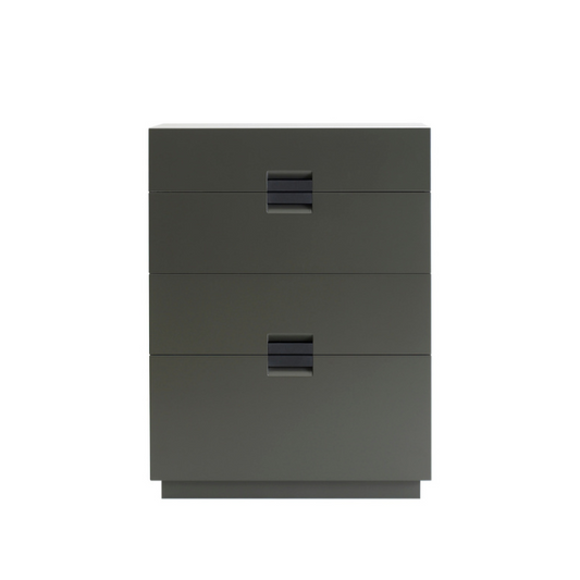 Designed by Anya Sebton and Eva Lilja Löwenhielm 2014.  Storage unit with 4 drawers and handles in leather. 1 medium, 2 large and 1 XL drawer.  