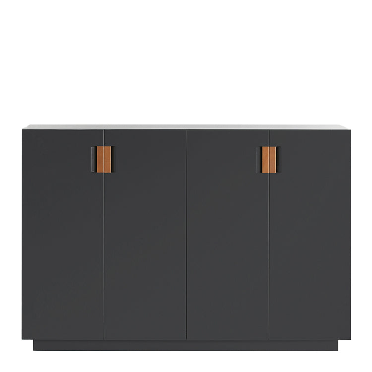 Designed by Anya Sebton and Eva Lilja Löwenhielm 2014.  Storage unit with 2 folding doors and handles in leather with 2 compartments and 2 lacquered shelves.