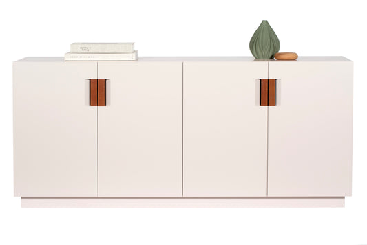 Designed by Anya Sebton and Eva Lilja Löwenhielm 2014. Storage unit with 2 folding doors and handles in leather with 2 compartments and 2 lacquered shelves.