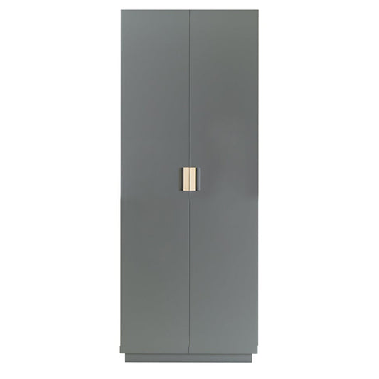 Designed by Anya Sebton and Eva Lilja Löwenhielm 2014.  Cabinet with covered doors and sides. The highest cabinet in the Frame series, with handles in leather. One shelf is fixed with metal fixings. 