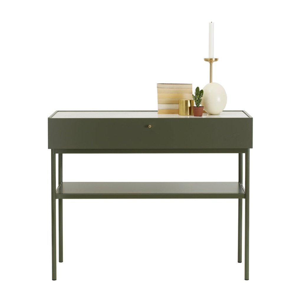 Designed by Broberg and Ridderstråle 2015. Console in lacquered MDF with one drawer with a brass knob and a lacquered MDF shelf. Stand in lacquered metal and top in stone or oak veneer. Only available in monochrome colors on drawers, shelves, and stand.