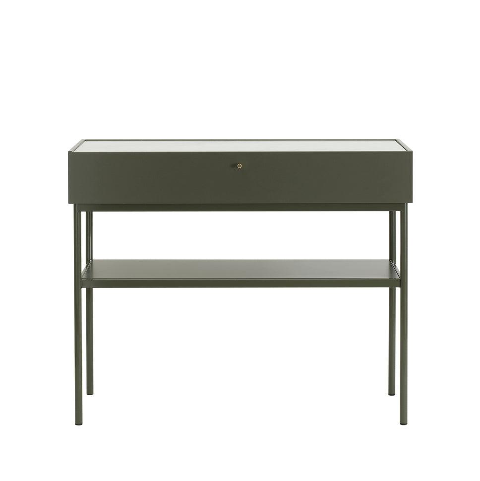 Designed by Broberg and Ridderstråle 2015.  Console in lacquered MDF with one drawer with a brass knob and a lacquered MDF shelf. Stand in lacquered metal and top in stone or oak veneer. Only available in monochrome colors on drawers, shelves, and stand.