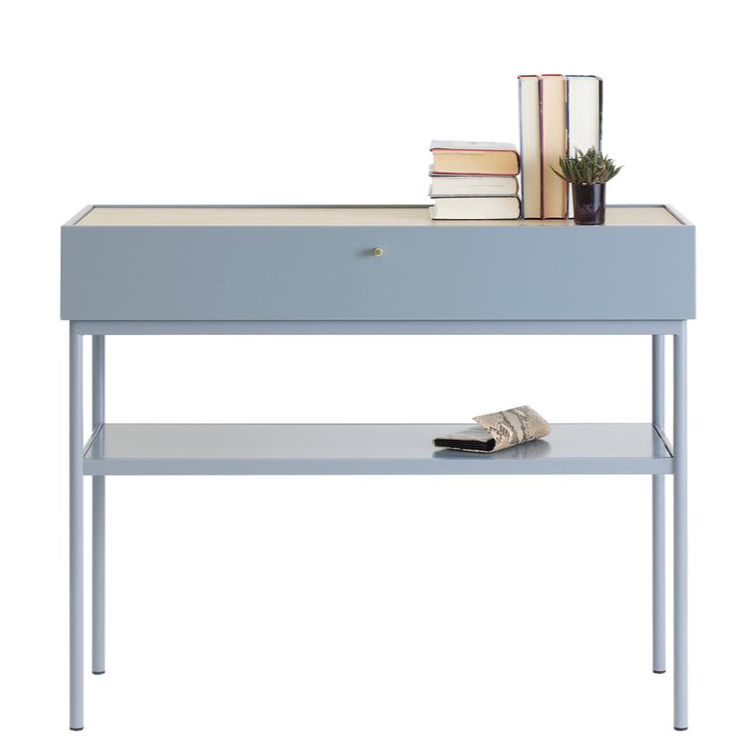 Designed by Broberg and Ridderstråle 2015.  Console in lacquered MDF with one drawer with a brass knob and a lacquered MDF shelf. Stand in lacquered metal and top in stone or oak veneer. Only available in monochrome colors on drawers, shelves, and stand.