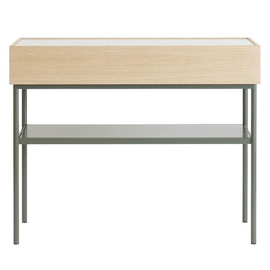 Designed by Broberg and Ridderstråle 2015.  Console in lacquered MDF with one drawer with a brass knob and a lacquered MDF shelf. Stand in lacquered metal and top in stone or oak veneer. Only available in monochrome colors on drawers, shelves, and stand.