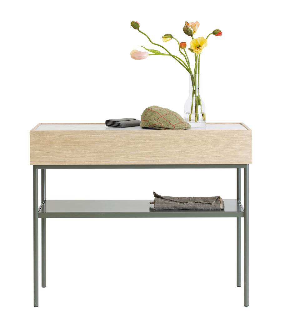 Designed by Broberg and Ridderstråle 2015.  Console in lacquered MDF with one drawer with a brass knob and a lacquered MDF shelf. Stand in lacquered metal and top in stone or oak veneer. Only available in monochrome colors on drawers, shelves, and stand.