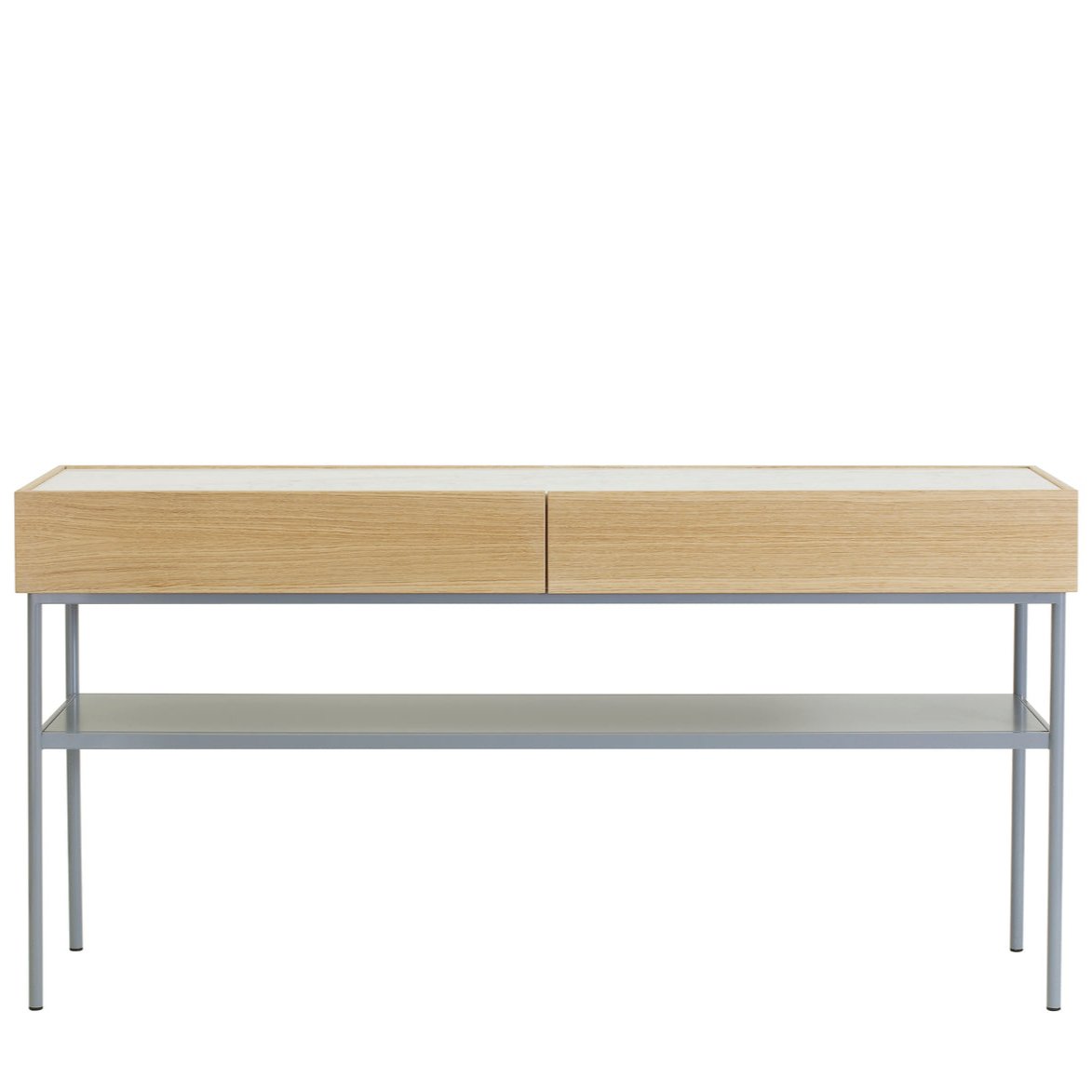Designed by Broberg and Ridderstråle 2015.  Console in lacquered MDF with 2 drawers with brass knobs and a lacquered MDF shelf. Stand in lacquered metal and top in stone or oak veneer.