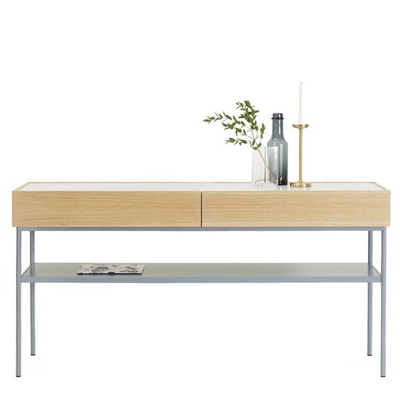 Designed by Broberg and Ridderstråle 2015.  Console in lacquered MDF with 2 drawers with brass knobs and a lacquered MDF shelf. Stand in lacquered metal and top in stone or oak veneer.