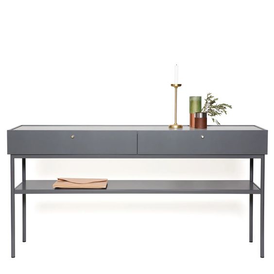 Designed by Broberg and Ridderstråle 2015.  Console in lacquered MDF with 2 drawers with brass knobs and a lacquered MDF shelf. Stand in lacquered metal and top in stone or oak veneer.
