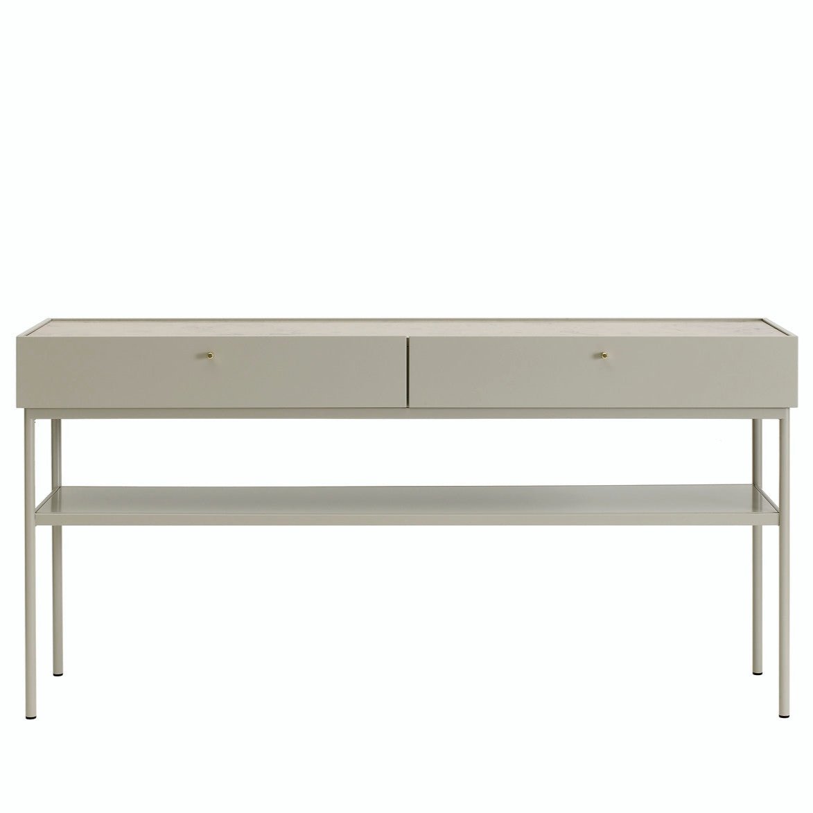 Designed by Broberg and Ridderstråle 2015. Console in lacquered MDF with 2 drawers with brass knobs and a lacquered MDF shelf. Stand in lacquered metal and top in stone or oak veneer.