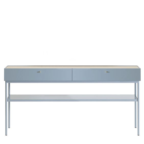 Designed by Broberg and Ridderstråle 2015. Console in lacquered MDF with 2 drawers with brass knobs and a lacquered MDF shelf. Stand in lacquered metal and top in stone or oak veneer.