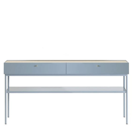 Designed by Broberg and Ridderstråle 2015.  Console in lacquered MDF with 2 drawers with brass knobs and a lacquered MDF shelf. Stand in lacquered metal and top in stone or oak veneer.