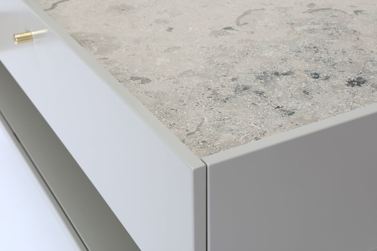 Designed by Broberg and Ridderstråle 2015. Console in lacquered MDF with one drawer with a brass knob and a lacquered MDF shelf. Stand in lacquered metal and top in stone or oak veneer. Only available in monochrome colors on drawers, shelves, and stand.