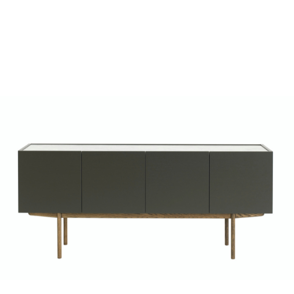 Designed by Broberg and Ridderstråle 2012.  Storage in lacquered oak veneer with a wooden base and stone top. Cabinet with two compartments and four doors. One shelf in each compartment.