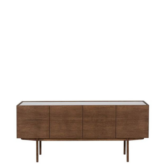 Designed by Broberg and Ridderstråle.  Storage in oak veneer with a wooden base and glass on wood top. Cabinet with two compartments and four doors. One shelf in each compartment.