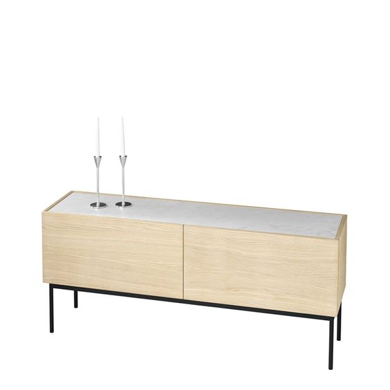 Designed by Broberg and Ridderstråle 2012.  Storage unit with 2 drawers and a stand in lacquered metal and stone or glass top.