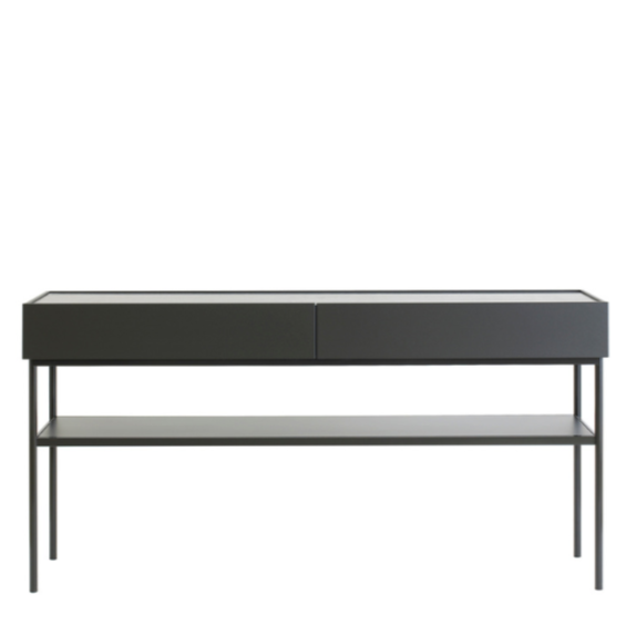 Designed by Broberg and Ridderstråle 2015.  Console in lacquered MDF with 2 drawers with brass knobs and a lacquered MDF shelf. Stand in lacquered metal and top in stone or oak veneer.