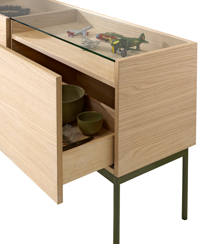 Designed by Broberg and Ridderstråle 2012. Storage unit with 2 drawers and a stand in lacquered metal and stone or glass top.