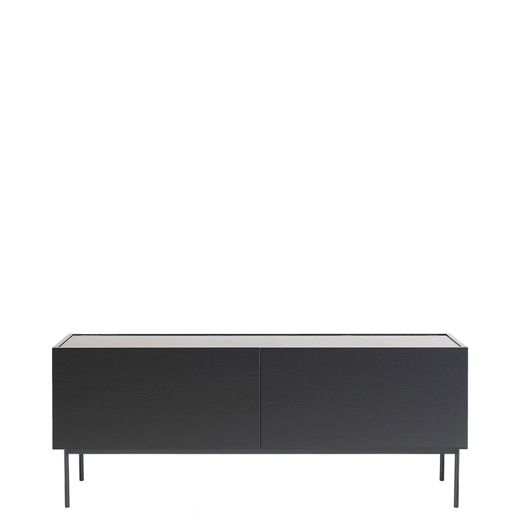 Designed by Broberg and Ridderstråle 2012. Storage unit with 2 drawers and a stand in lacquered metal and stone or glass top.