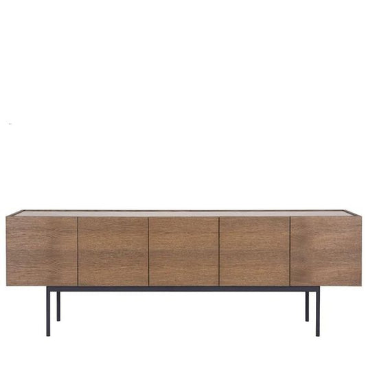 Designed by Broberg and Ridderstråle 2012.  Storage unit with 5 doors and a stand in lacquered metal and stone or glass top.