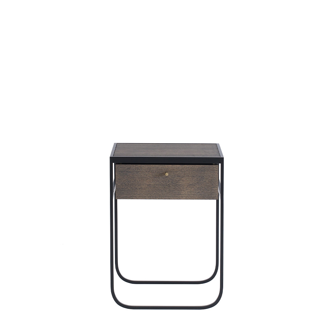 Designed by Broberg and Ridderstråle 2011. Bedside table with a bent metal structure with a drawer and top in stained oak.