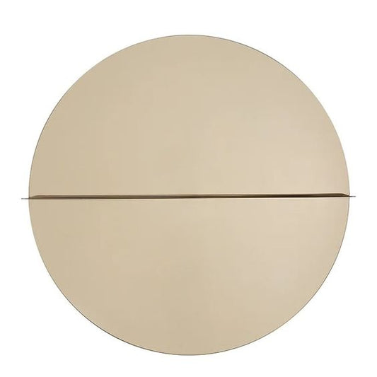 Designed by Anya Sebton and Eva Lilja Löwenhielm 2016.  Round mirror with a horizontal metal shelf. Metal wall fixture included. Screws for attachment against the wall are not included.