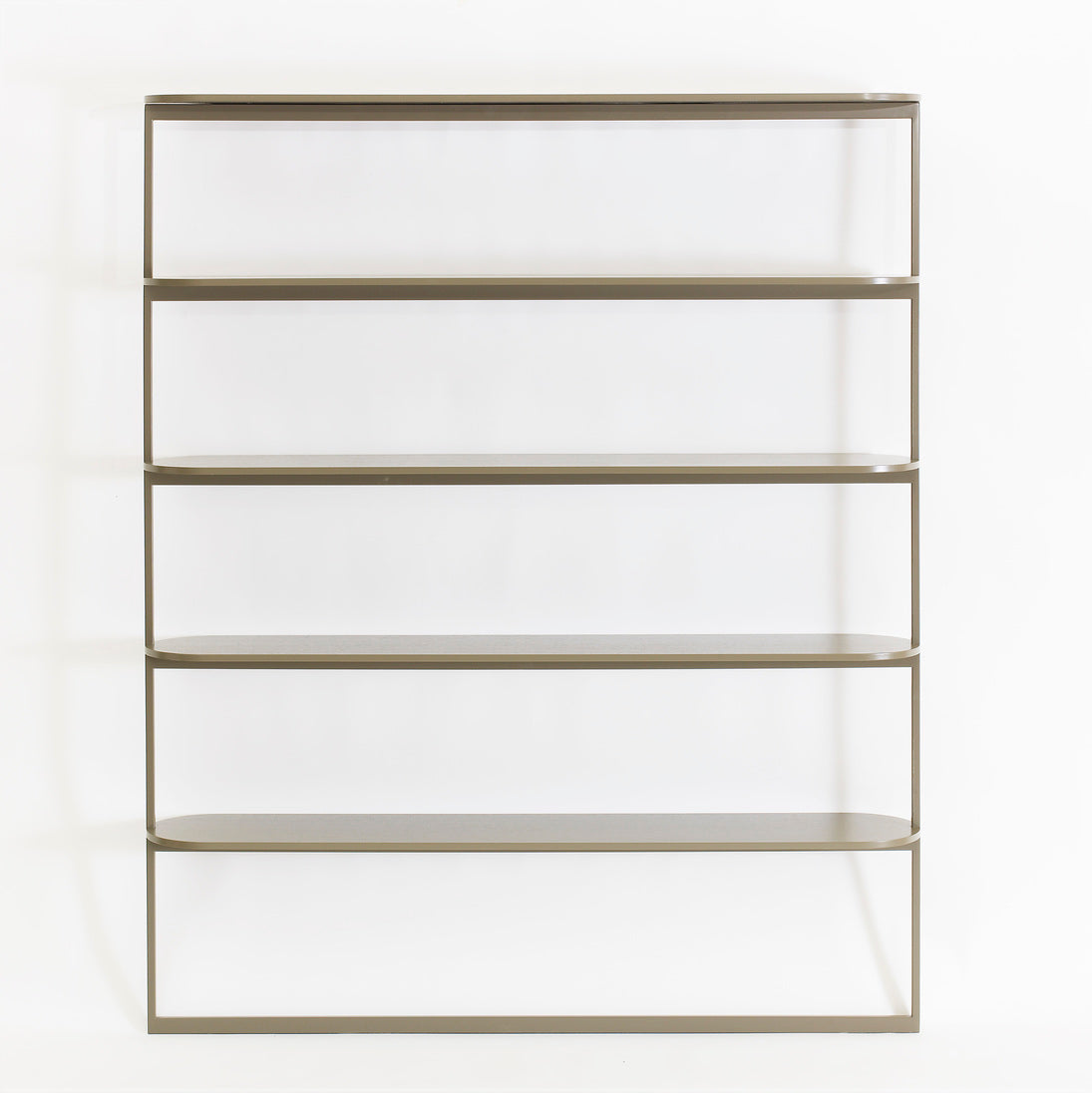 Designed by Broberg and Ridderstråle 2018. Shelving system with 5 shelves, a lacquered metal structure, and shelves in lacquered oak. Floor standing with wall attachment.