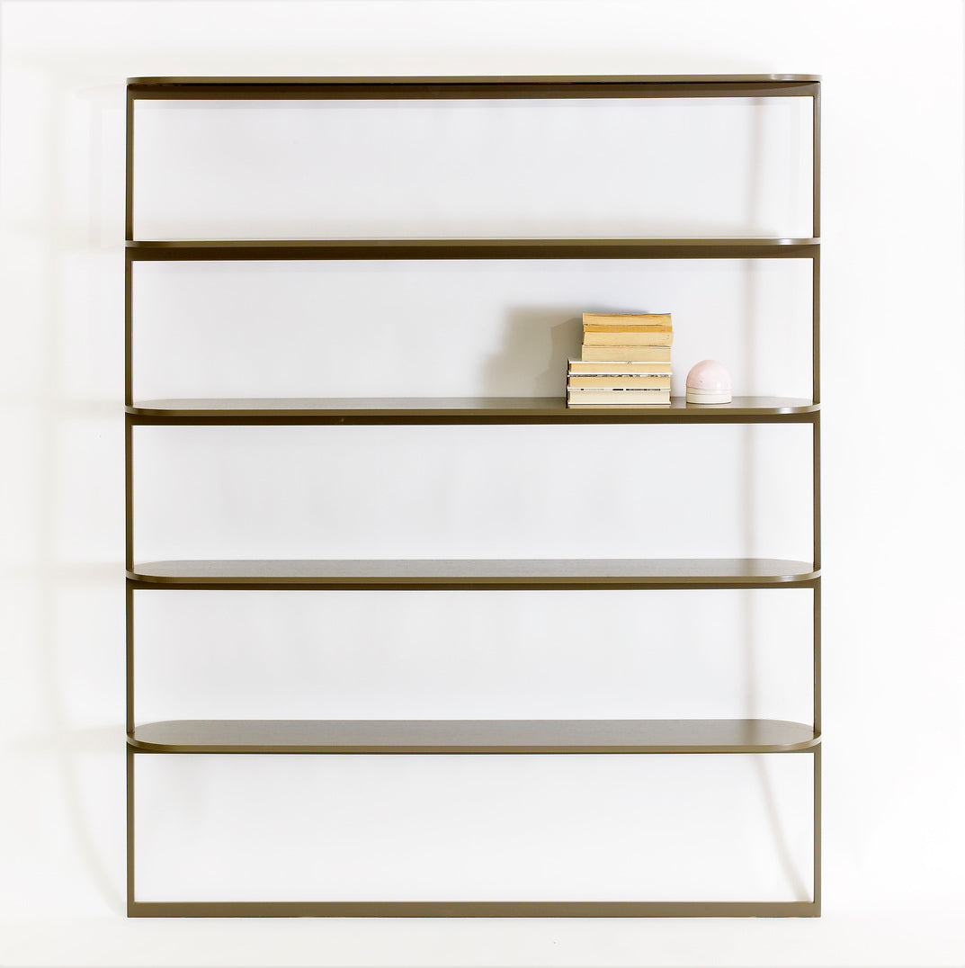 Designed by Broberg and Ridderstråle 2018. Shelving system with 5 shelves, a lacquered metal structure, and shelves in lacquered oak. Floor standing with wall attachment.