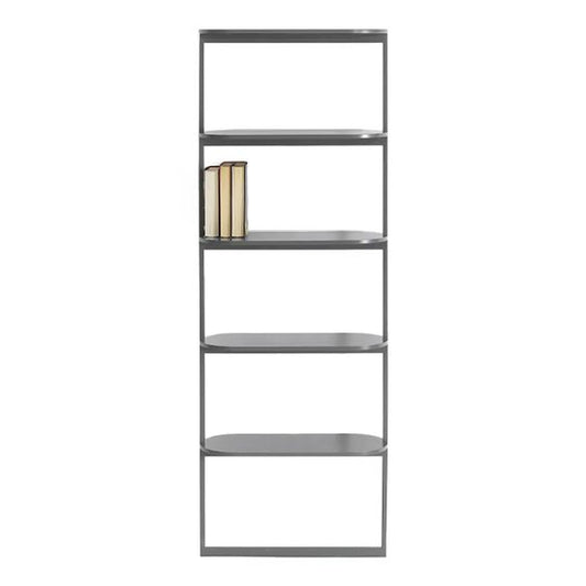 Designed by Broberg and Ridderstråle 2018. Shelving system with 5 shelves, a lacquered metal structure, and shelves in lacquered oak. Floor standing with wall attachment.