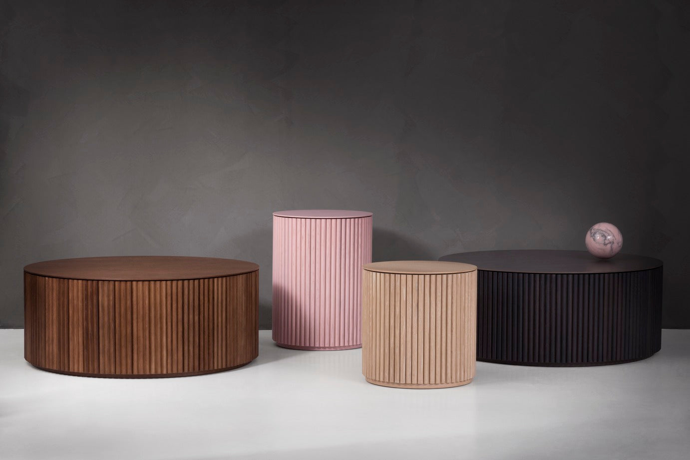 Designed by Anya Sebton & Eva Lilja Löwenhielm 2018.  Side and Coffee table with base in solid oak or ash panels. Top in veneer with a solid oak edge in the same color as the base. Available in multiple color options.