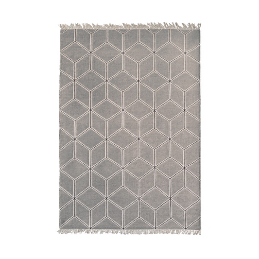 Designed by Emma Olbers 2014.  Hand-woven dhurrie rug. The wool used in this rug has natural colors and gives the fabric a melange look. Set base and pattern colors.