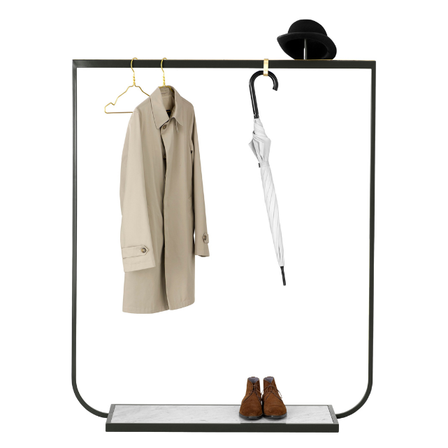 Designed by Broberg and Ridderstråle 2011. Floor-standing coat hanger/rack in metal with brass details and stone base. Hooks and knobs in matte brass are sold separately.