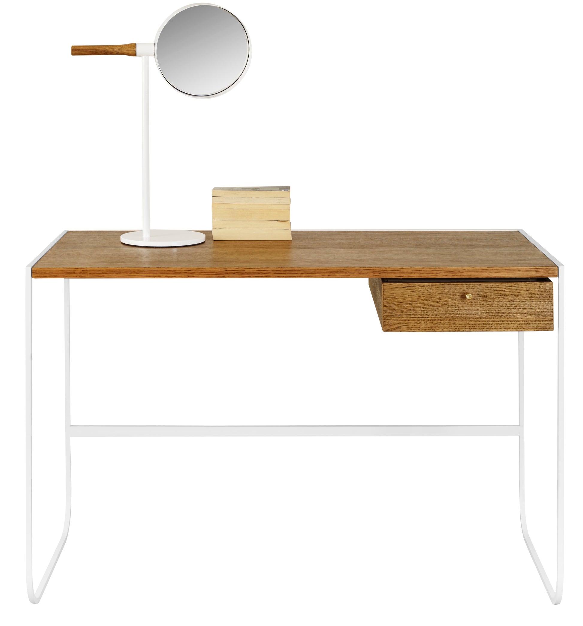 Designed by Broberg and Ridderstråle 2012.  Desk with a bent metal structure with 1 drawer in the same veneer as the desktop. Polyurethane treated oak. It is delivered fully assembled.
