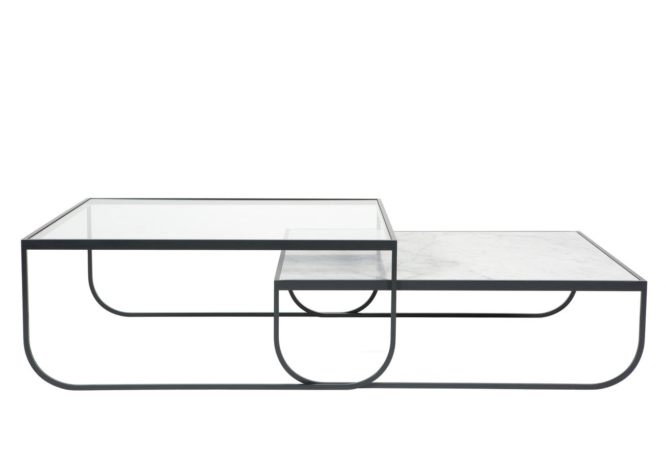 Designed by Broberg and Ridderstråle 2011. Coffee table with a bent metal structure. Tati Coffee Table 90 High can be slid over Tati Coffee Table 90 Low.