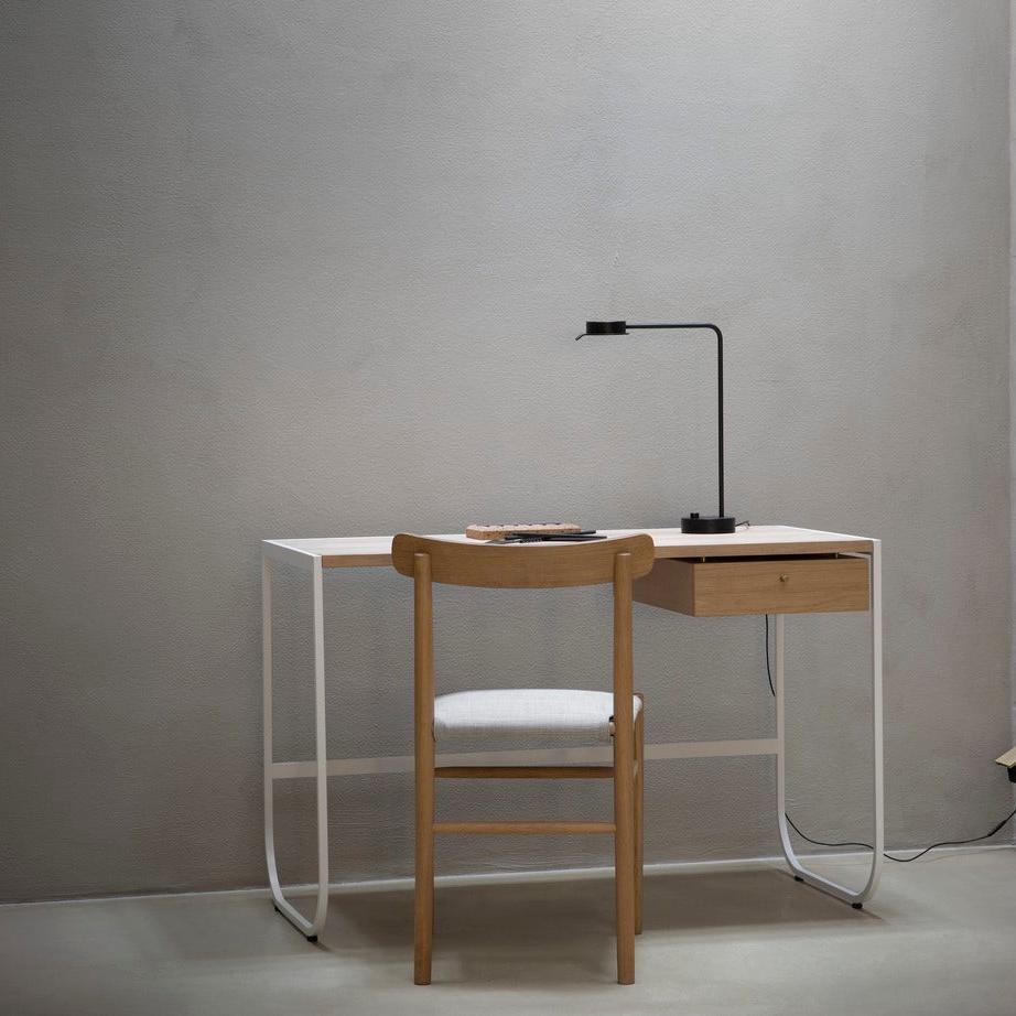 Designed by Broberg and Ridderstråle 2012. Desk with a bent metal structure with 1 drawer in the same veneer as the desktop. Polyurethane treated oak. It is delivered fully assembled.
