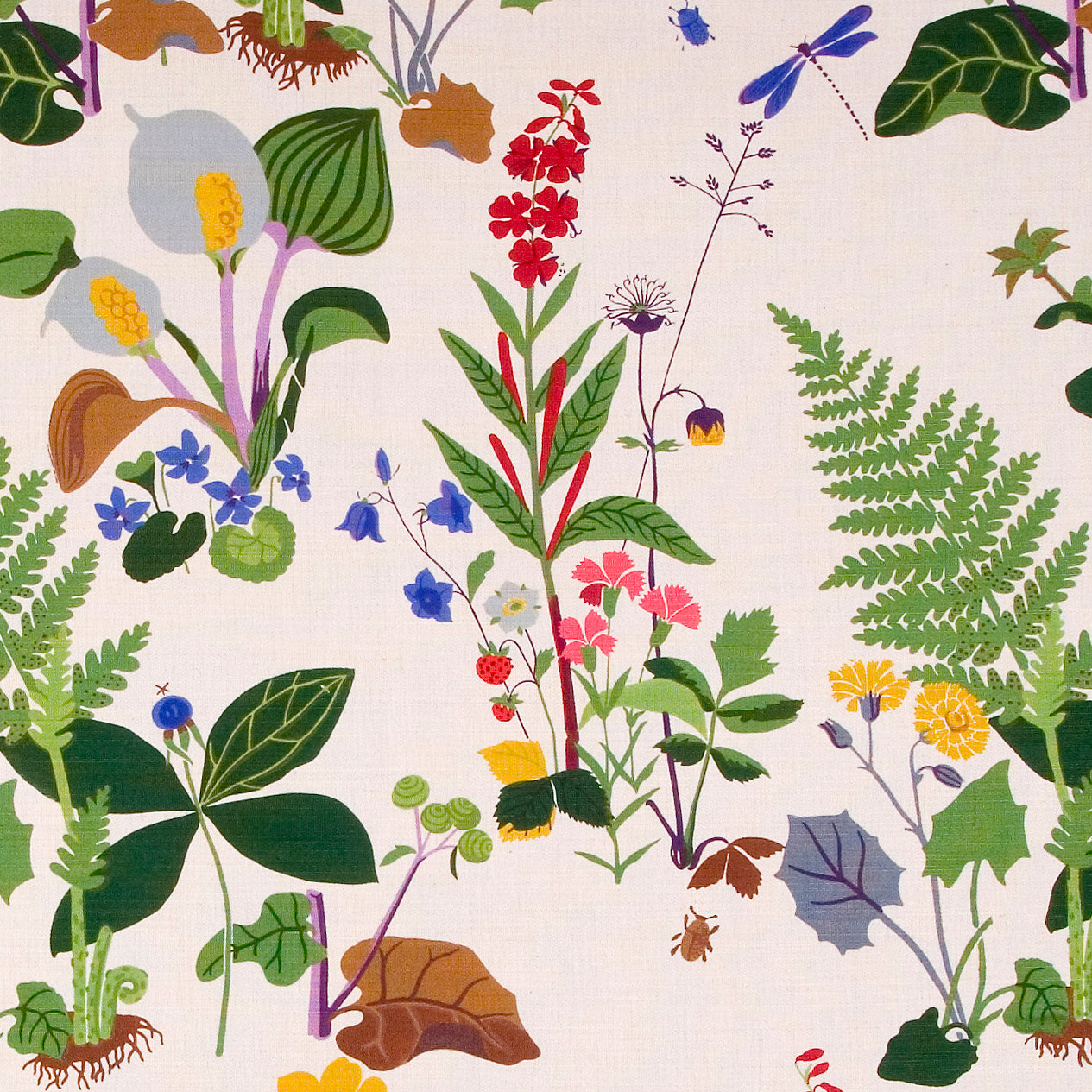 Designed by Gocken Jobs 1968.  The Rabarber Fabric boasts a vibrant, multi-colored pattern with lush plants including iris, viola, monkshood, rhubarb.