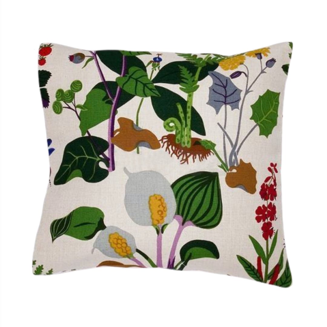 Designed by Gocken Jobs 1968.  The Rabarber Fabric boasts a vibrant, multi-colored pattern with lush plants including iris, viola, monkshood, rhubarb.