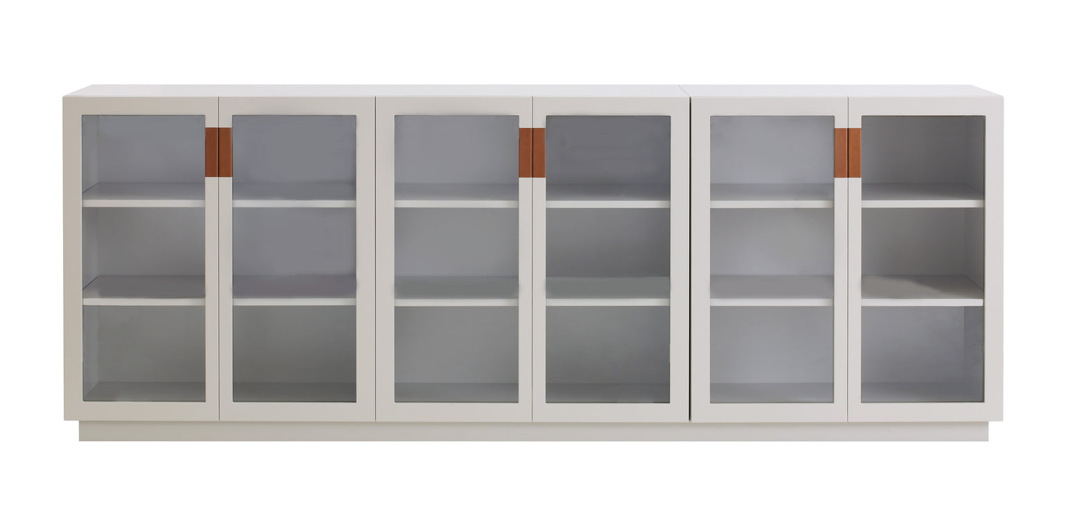 Designed by Anya Sebton and Eva Lilja Löwenhielm 2014.  Storage unit with 2 sliding doors and handles in leather with 2 compartments and 4 lacquered adjustable shelves. 