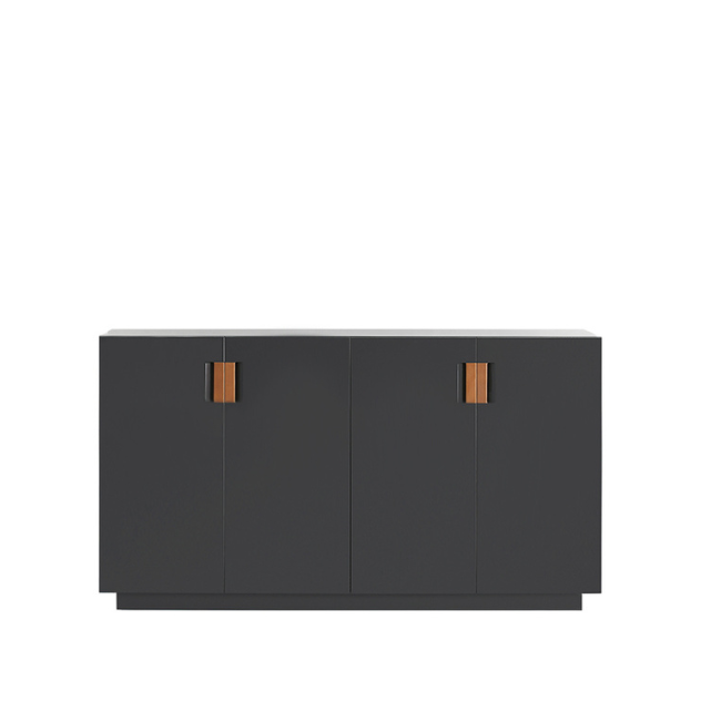 Designed by Anya Sebton and Eva Lilja Löwenhielm 2014.  Storage unit with 2 sliding doors and handles in leather with 2 compartments and 4 lacquered adjustable shelves.