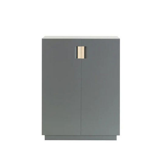 Designed by Anya Sebton and Eva Lilja Löwenhielm 2014.  Storage unit with 1 sliding door with covered front and two lacquered adjustable shelves.