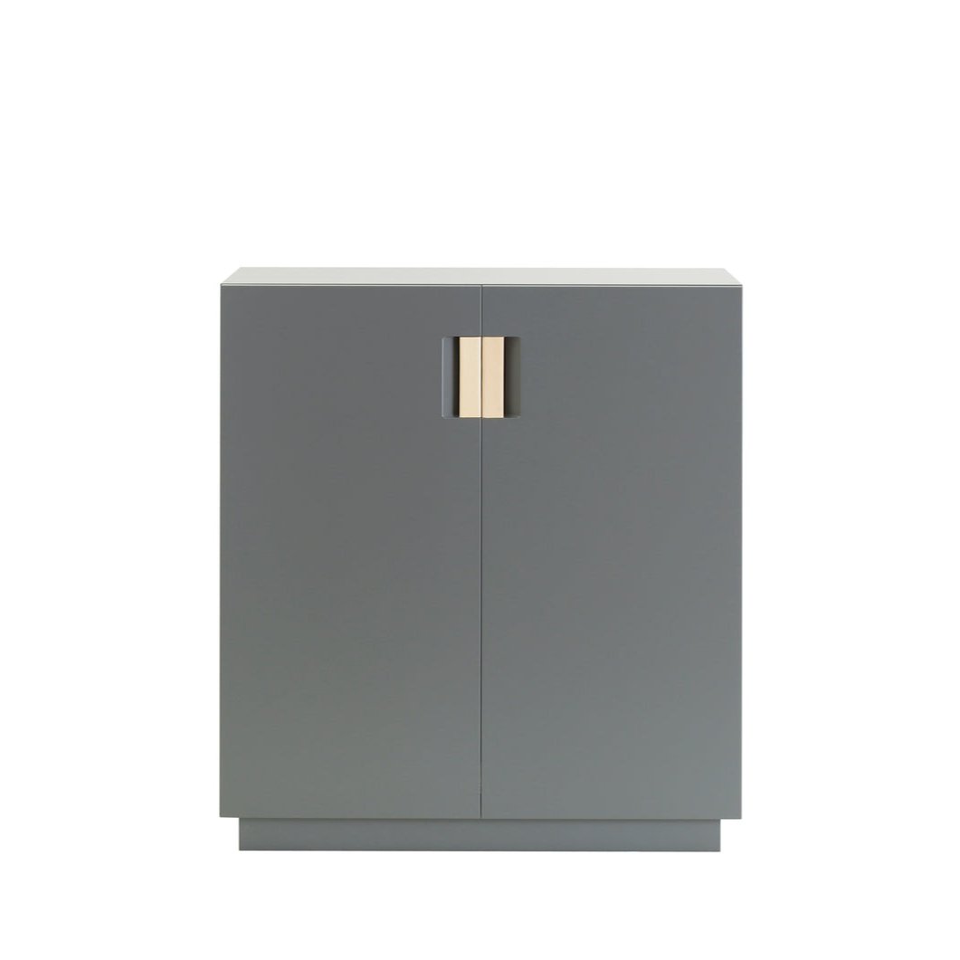 Designed by Anya Sebton and Eva Lilja Löwenhielm 2014.  Storage unit with 1 sliding door with leather-covered handles and two lacquered adjustable shelves.