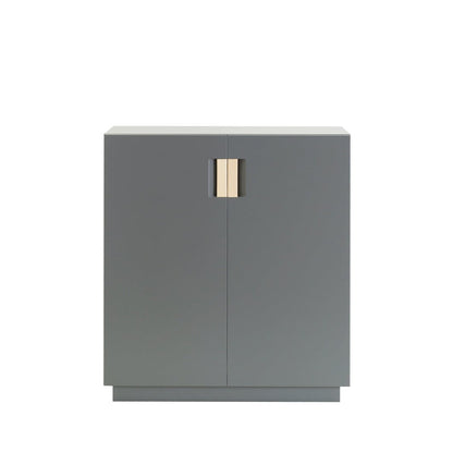 Designed by Anya Sebton and Eva Lilja Löwenhielm 2014.  Storage unit with 1 sliding door with leather-covered handles and two lacquered adjustable shelves.